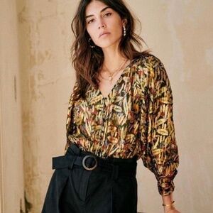 Sézane Erica Blouse - Gold Botanical Print - Size 36 (US 4)